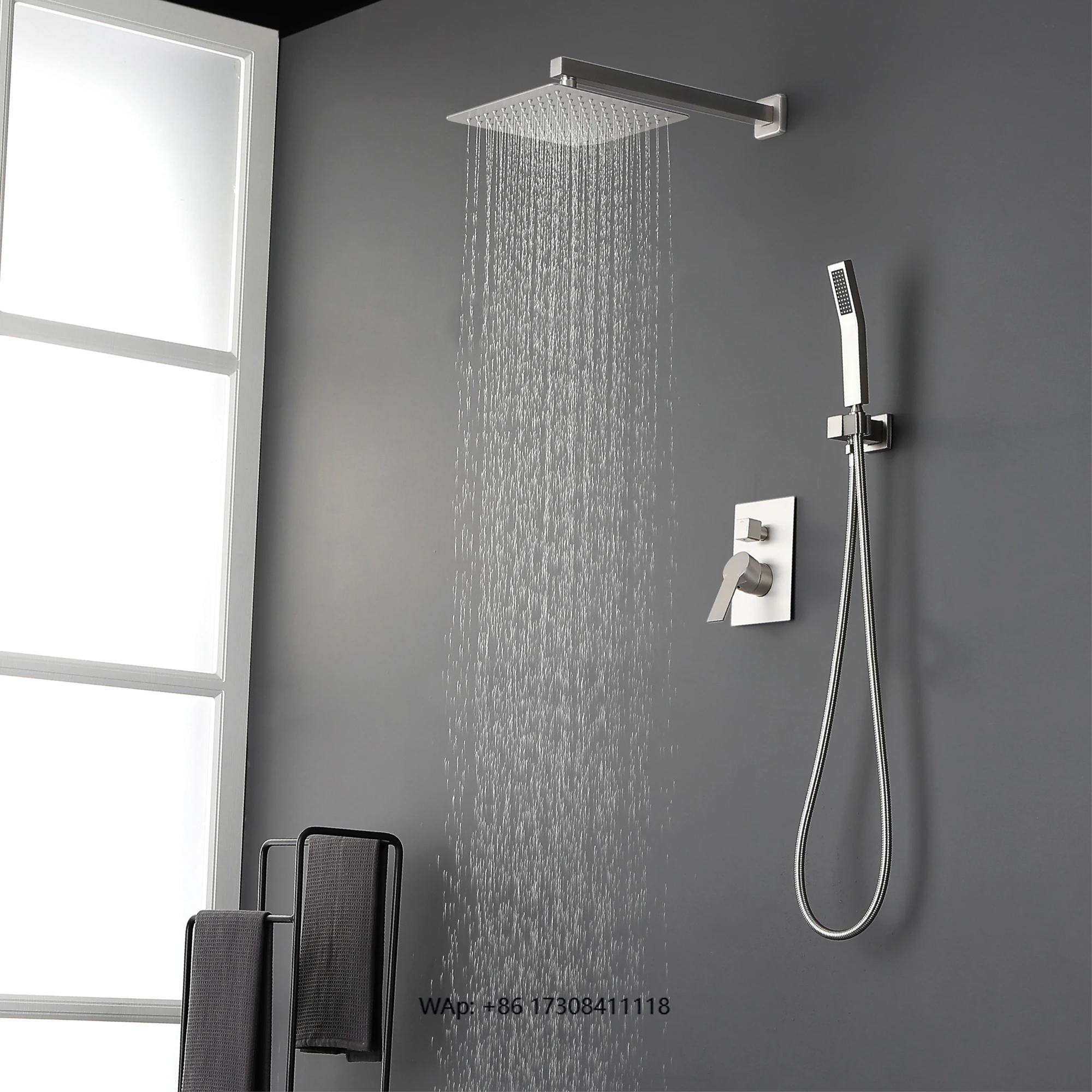 Brushed Nickel Wall Mounted Bathroom Thermostatic Waterfall Rain Shower Head Shower System