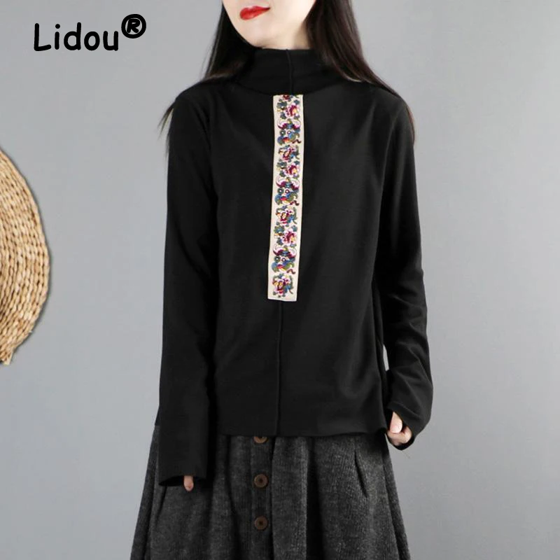 Women Vintage Chinese Ethnic Style Embroidery Patch High Collar T-shirt Autumn Winter Long Sleeve Slim Thick Basic Pullover Tops