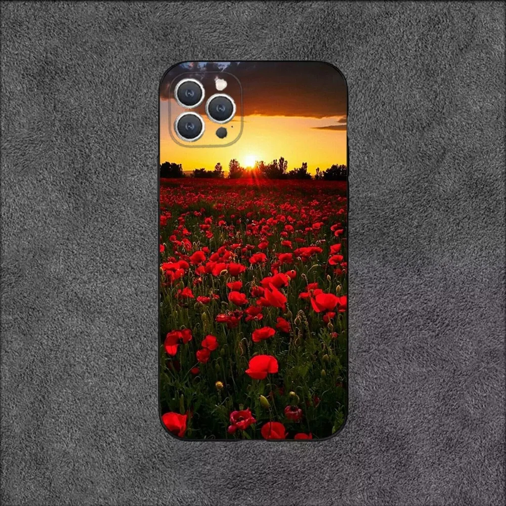 Red Poppies flowers  Phone Case For iPhone 16,15,14,13,12,11,Plus,Pro Max,XS,X,XR,SE,Mini,8,7 Soft Silicone Black Cover