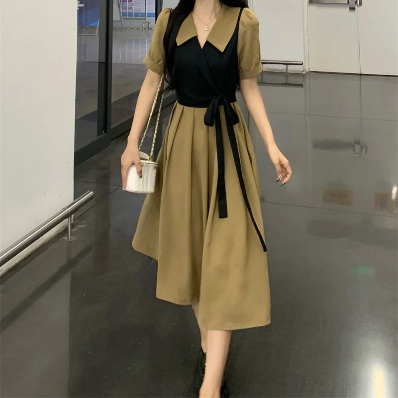 Summer Women Daily Formal Occasion Dresses Lady Gentle Satin Outfits Midi Dresses Female Tie Up Slim Fit Versatile Ruched Dress