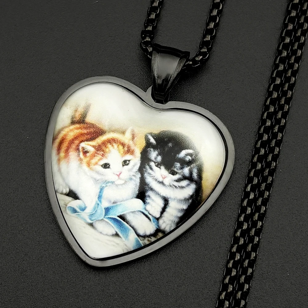 Niedliche Kätzchen-Herz-Anhänger-Halskette aus Edelstahl mit Katzenfoto-Box-Kette, Vintage-Tierschmuck, Geschenk für Frauen und Katzenliebhaber. – Detail 8