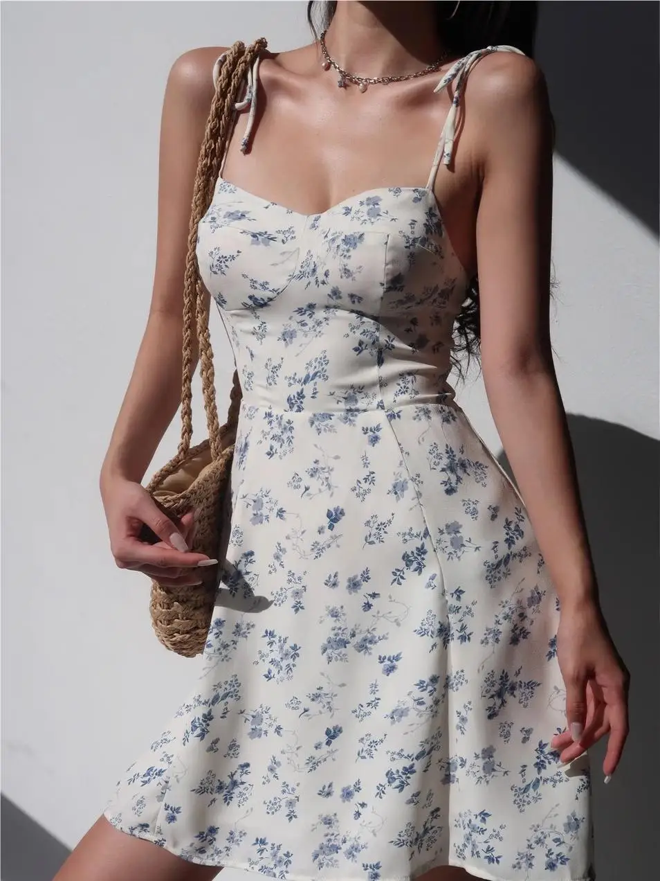 Luxury Dresses Women 2024 Summer Blue Floral Print Short Dress Frenchy Mini Dress Camisole Sexy Elegant Dresses Back Lace Up