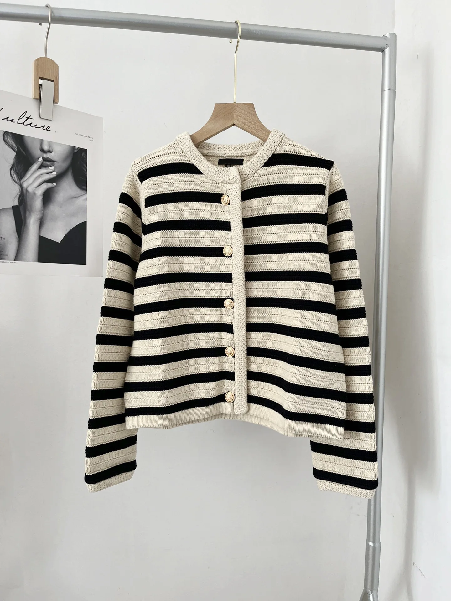 Retro Contrasting Striped Knitted Cardigan Small Fragrant Cropped Sweater Jacket Trendy Single Breasted Coat Female Knitwear