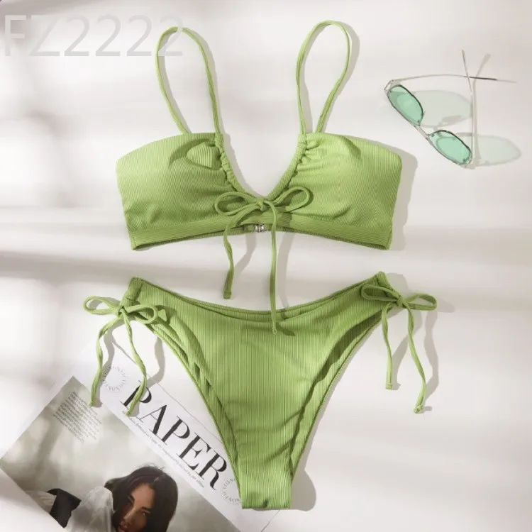 New shoulder straps chest drawstring fashionable sexy bikini solid color swimsuit
