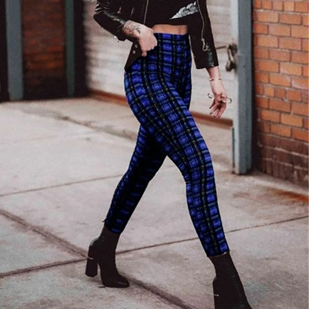 Elastische Damenhose, hohe Taille, Jeggings, Leggings, Bleistifthose, karierter Druck, dünne Hose, schmale Passform, Stretch, dehnbare Hose, lässig