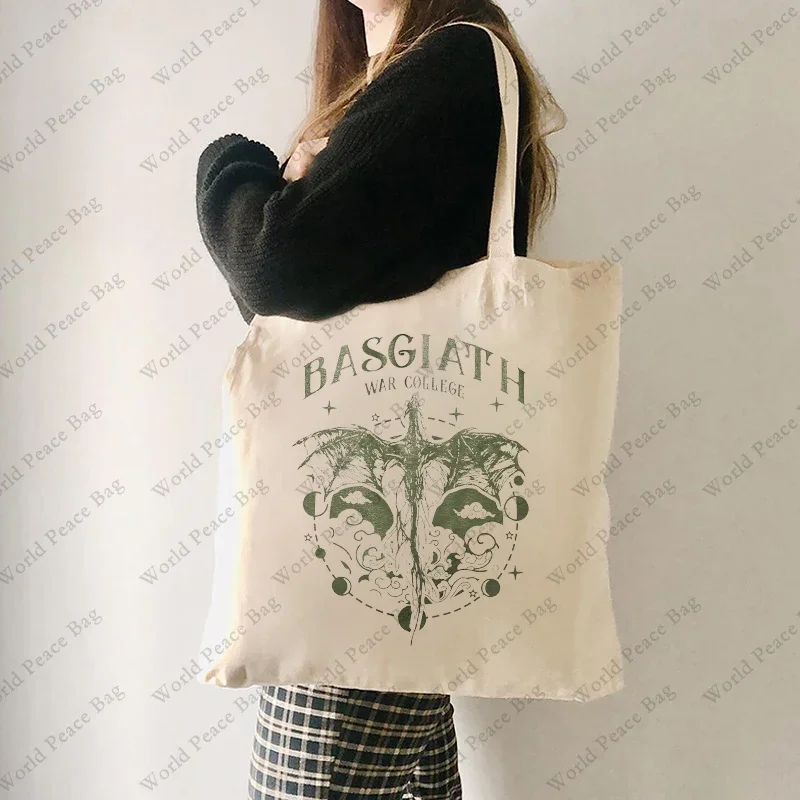 1 Pc Basgiath War College Dragon Riders Pattern Tote Bag Canvas Shoulder Bag for Daily Commute Women's Reusable Shopping Bag