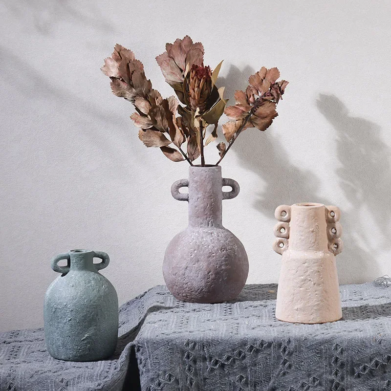 Retro Ceramic Vase Hand Made Grain Crude Pottery Flower Vase Floral Arrangement Accessories Ceramic Handicraft Home Decoration
