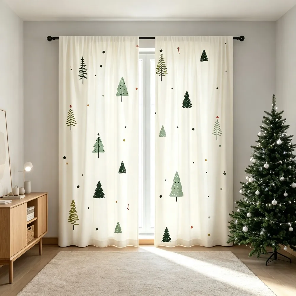 2PCS Christmas Winter Curtains, Minimalist Hand Drawn Tree Star Dot Winter, Digital Print, Bedroom Living Room, Home Decor