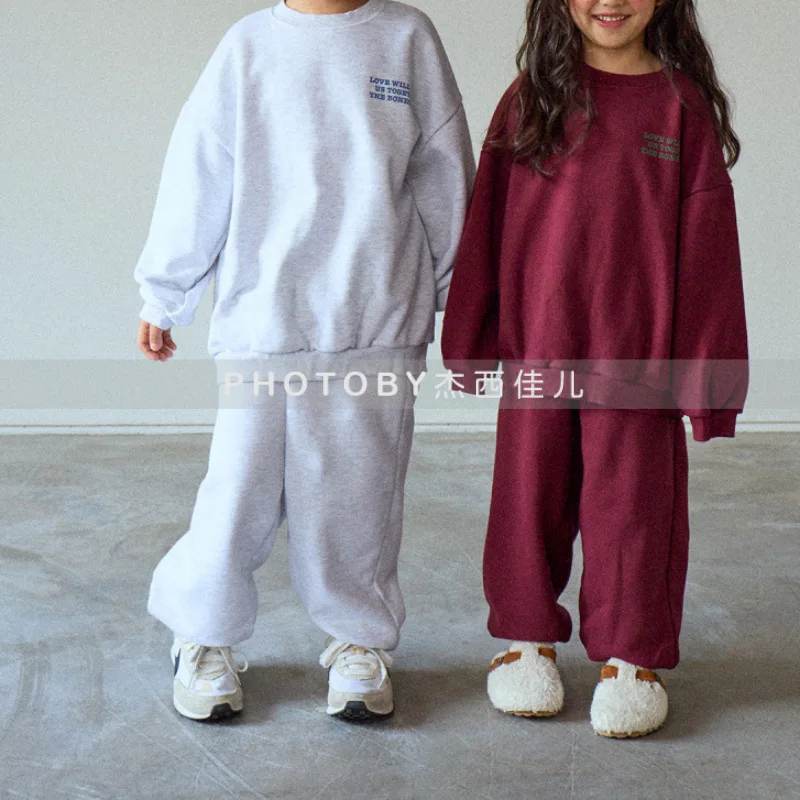 

2025 Winter New Children Fleece Sweatshirt Set Boys Girls Letter Print 2pcs Suit Plus Velvet Thick Kids Casual Sports Outfits