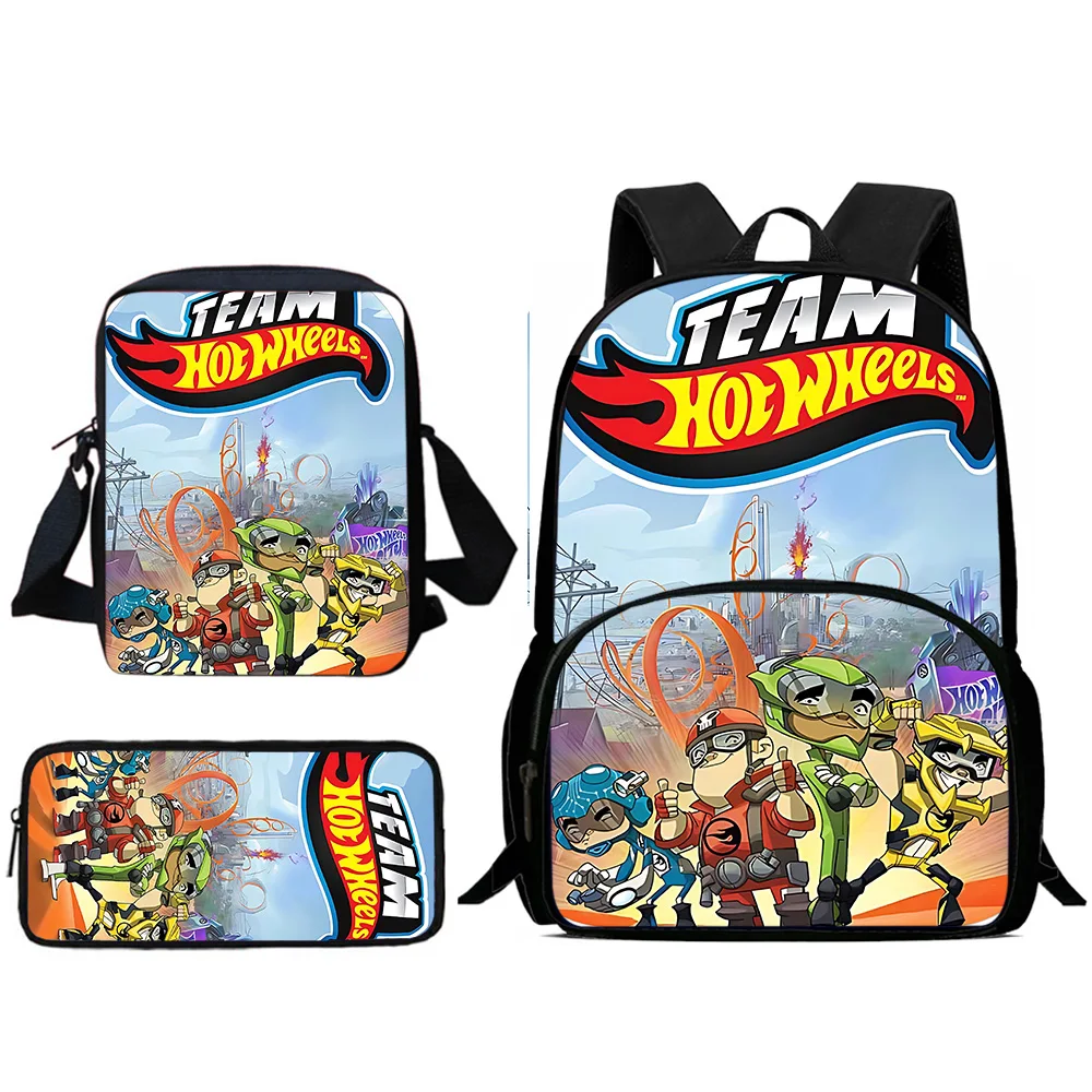 Sacos escolares de grande capacidade para meninos e meninas, mochilas de carro Hot Wheels, bolsa de ombro, estojo de lápis, aluno, melhor presente, 3pcs