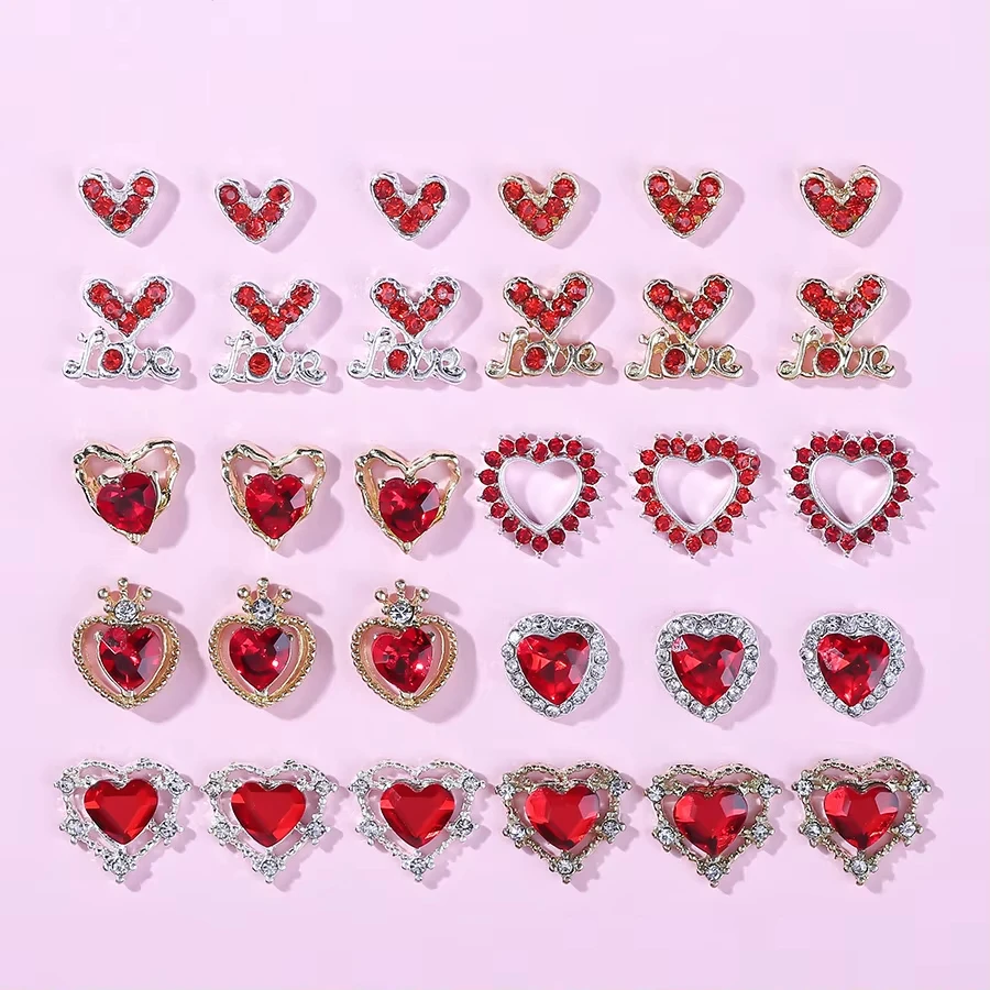 New 10Pcs Metal Alloy Queen Series Crown Hollow Out Love Jewelry Red Rhinestone Gems 3D Nail Art Charms Decorations Bulk Supply