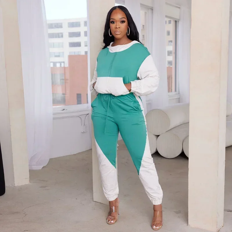 

GUWU Patchwork Women's Set Hooded Sweatshirt and Jogger Pants Sets Sweatsuit Street Two 2 Piece Set Outfit Tracksuit