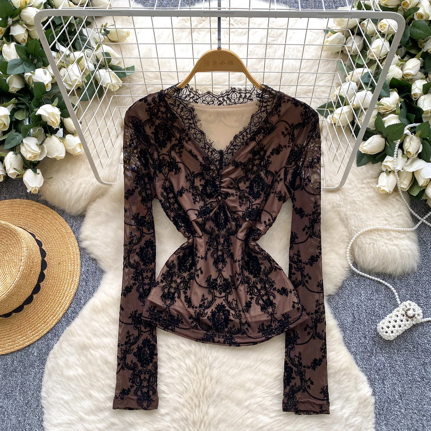 

Hotsweet винтажные кружевные элегантные шикарные топы с длинными рукавами и v-образным вырезом, корейская уличная одежда, осенние футболки High Street