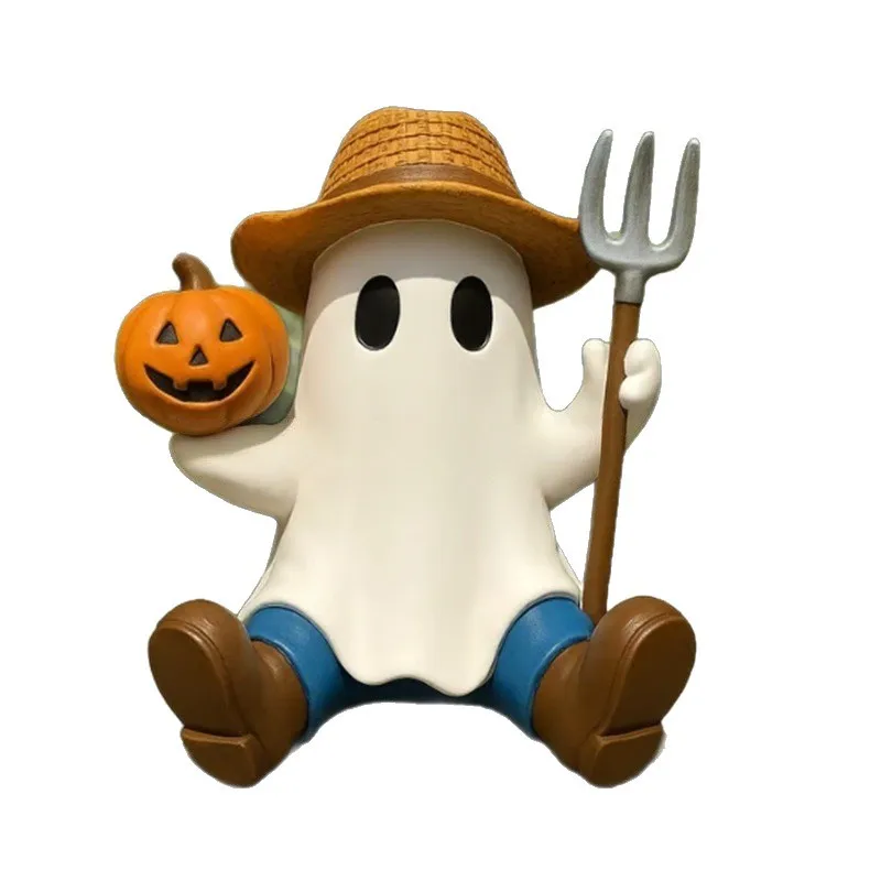 Halloween Character Ghost Figurine Cute Rugby Ghost Sculpture Resin Tabletop Ornament for Home Party Indoor Outdoor Decor