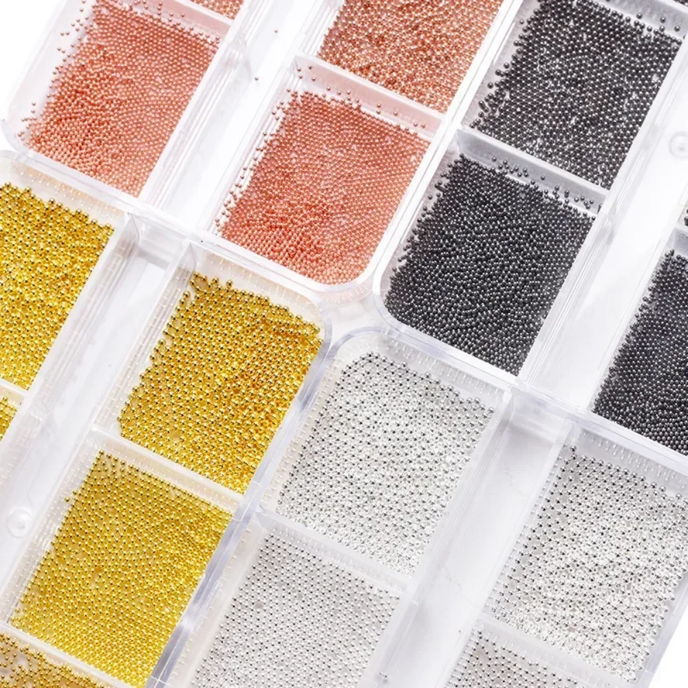 6 rejillas 3D decoración de uñas arte de uñas pequeñas cuentas de Caviar de acero 0,5-1mm tamaño mixto cuentas de uñas de plata y oro rosa joyería de manicura DIY