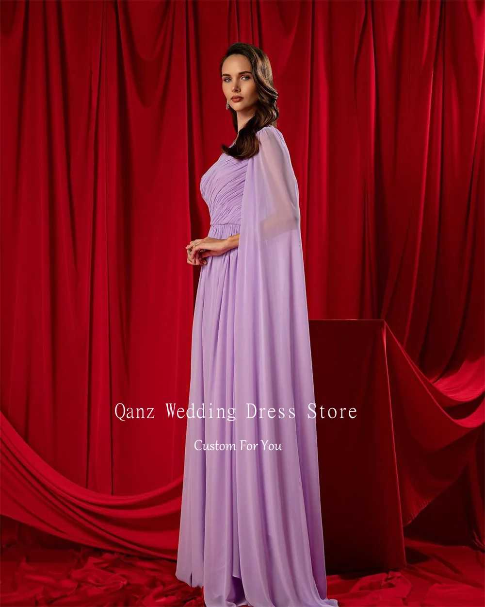 Qanz Lilac One Shoulder Evening Dresses Long Chiffon Elegant Women Prom Dress Saudi Arabia Formal Occasion Dresses Customized