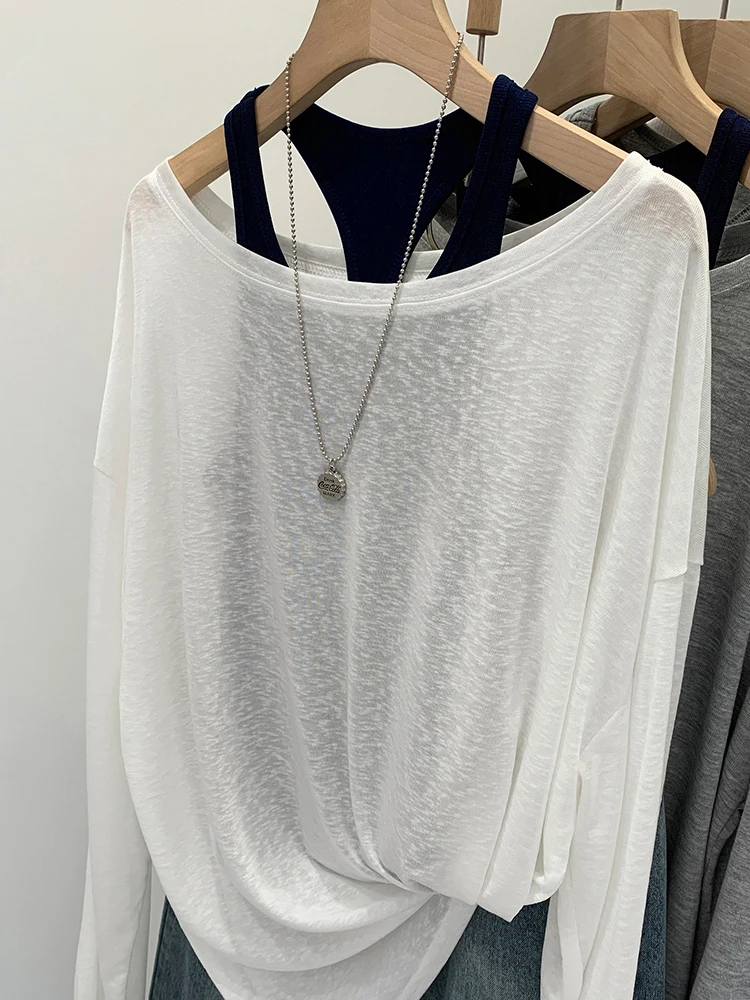 Gray Long Sleeve Women's Sun Protection Cover up Tank Top Set Unique Design Commute Style Korean Loose Fit Moisture Wicking