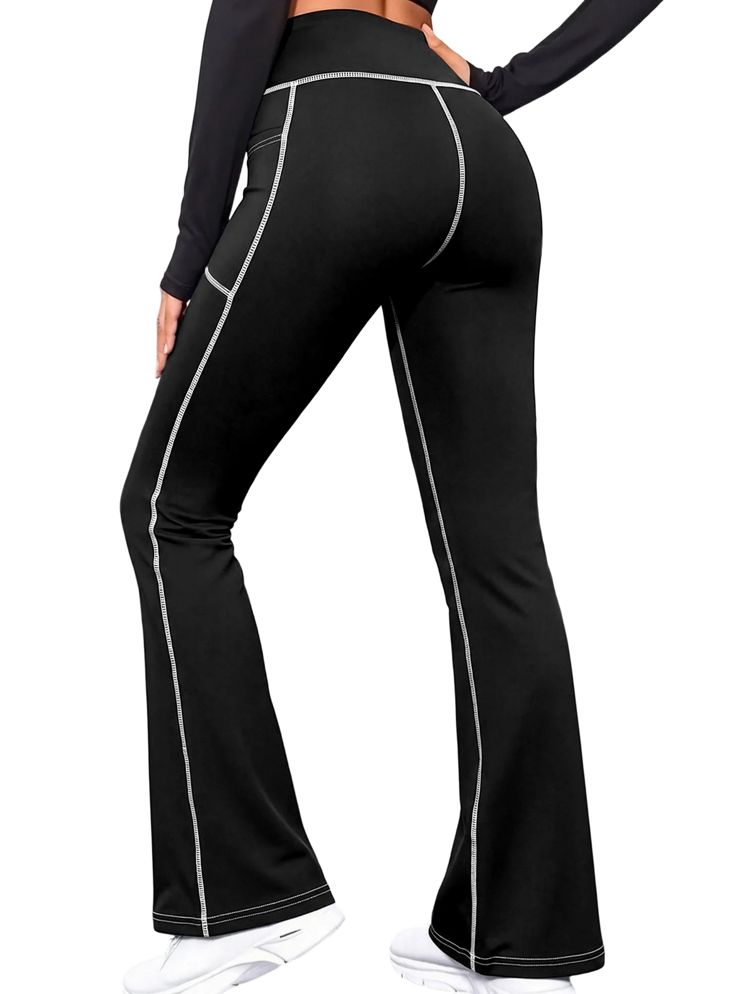Damen Hochelastische Schlaghose Weiße Kontrastnähte Seitentaschen Slim Fit Yoga-Hose – Detail 3