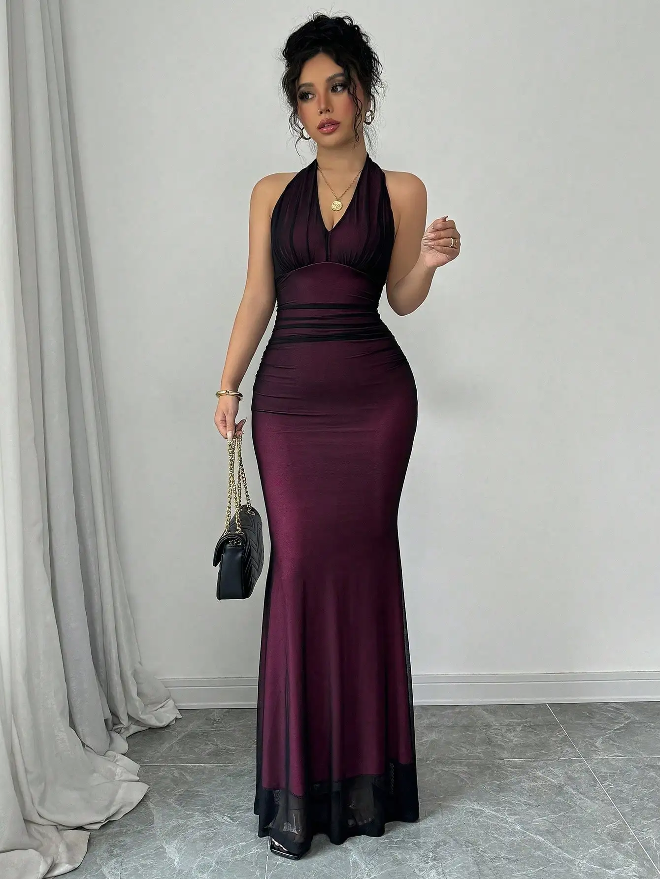 Rafferiza – robe longue élégante, moulante, ourlet en queue de poisson, col en v, taille plissée, maille avec doublure rouge Rose, pour femmes