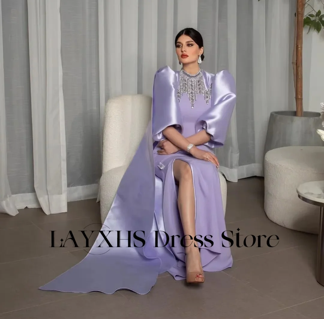 LAYXHS فساتين سهرة رائعة باللون الأرجواني برقبة دائرية حورية البحر منتفخة نصف كم مطرز بفتحة جانبية فساتين لحضور الحفلات الموسيقية مخصصة Fساتين