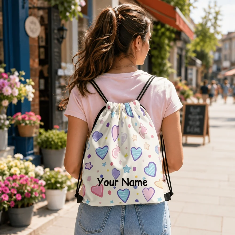 Custom Print Drawstring Backpack, Personalized Name Heart Star Pattern Gym Sack Bag,Drawstring Bag for Outdoor Travel Fitness