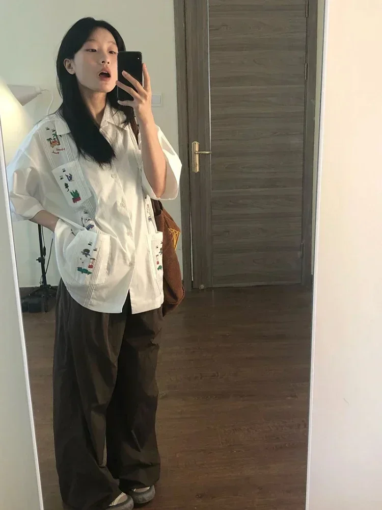 

Женская блузка в стиле Y2K с коротким рукавом, отложным воротником, повседневная, свободная, с вышивкой, универсальная, в стиле гранж, модная японская рубашка