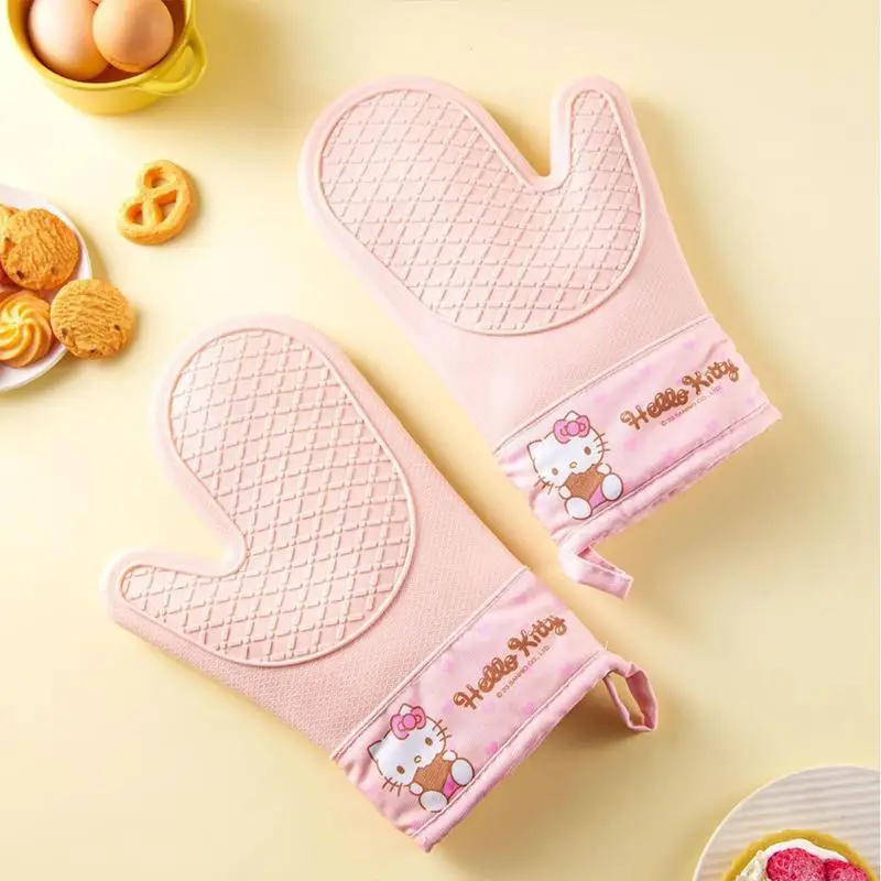 MINISO Hello Kitty Cartoon Silicone Kitchen Glove My Melody Cute Potholders Gloves for High Temperature Oven Cooking