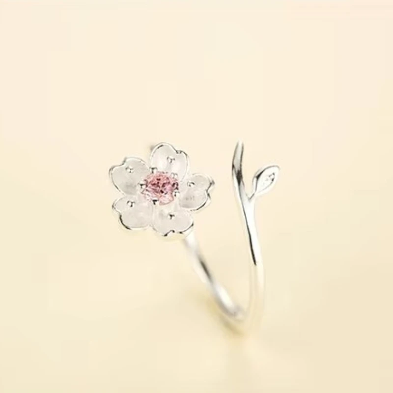 New Arrivals 925 Sterling Silver  Rings for Women Adjustable Size Ring pink zircon cherry blossom Ring