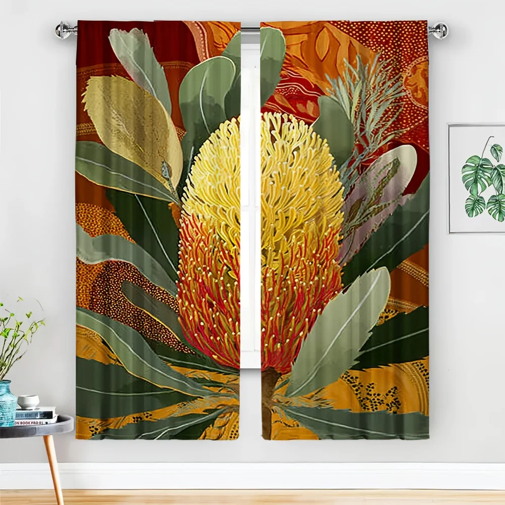 2pc Luxurious Tropical Botanical Floral Print Curtains for Living Room Boho Window Drapes Artistic Statement Panels
