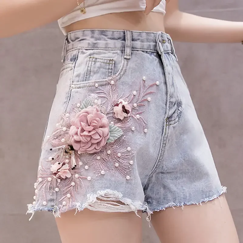 New Summer High Quality Sequined Denim Shorts Wide Legs Diamond Jeans Pearl 3D Flowers Diamonds Short Pants Cowboy A636