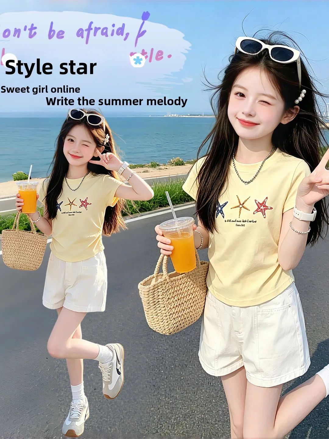 

Girls Summer Short Sleeve Cartoon T-Shirt Set Two-Piece Outfit Casual Sportswear Elastic Waist Shorts round Neck Top