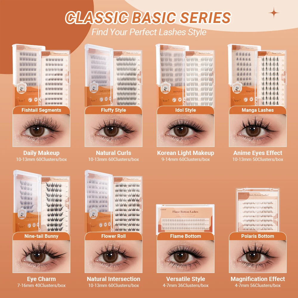 Накладные ресницы Lashtalk Classic Series без клея, для самостоятельного нанесения, в стиле «рыбий хвост», для K-pop и манга образов, пушистые, самоклеящиеся
