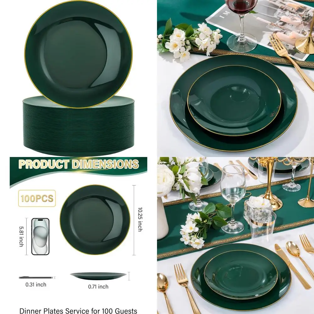 

Сверхмощные зеленые и золотые пластиковые тарелки, упаковка из 100 шт., одноразовая посуда размером 10,25 дюйма, идеально подходит для свадеб и особых мероприятий