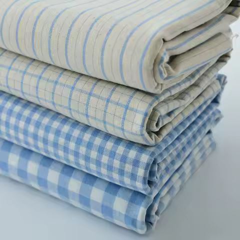 Retro Vintage Blue Linen Grid Striped Woven Cotton Fabric for Tablecloth Dress Home Decoration Bag Sewing Cloth Dress