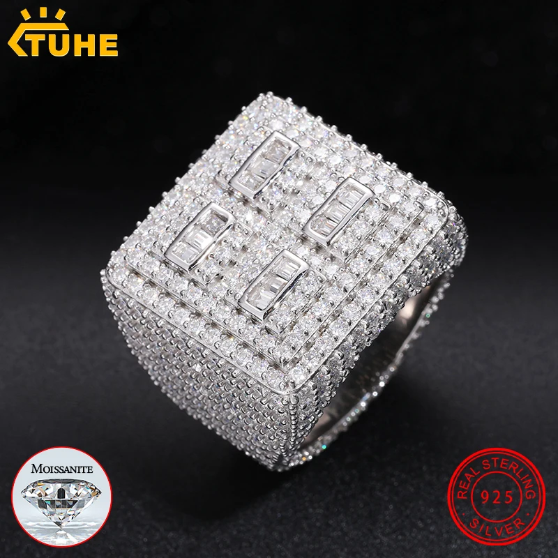 TUHE Iced Out Square Moissanite Ring for Men 925 Silver Plated Full Paved D Color VVS1 Moissanite Hip Hop Bling Jewelry Gift