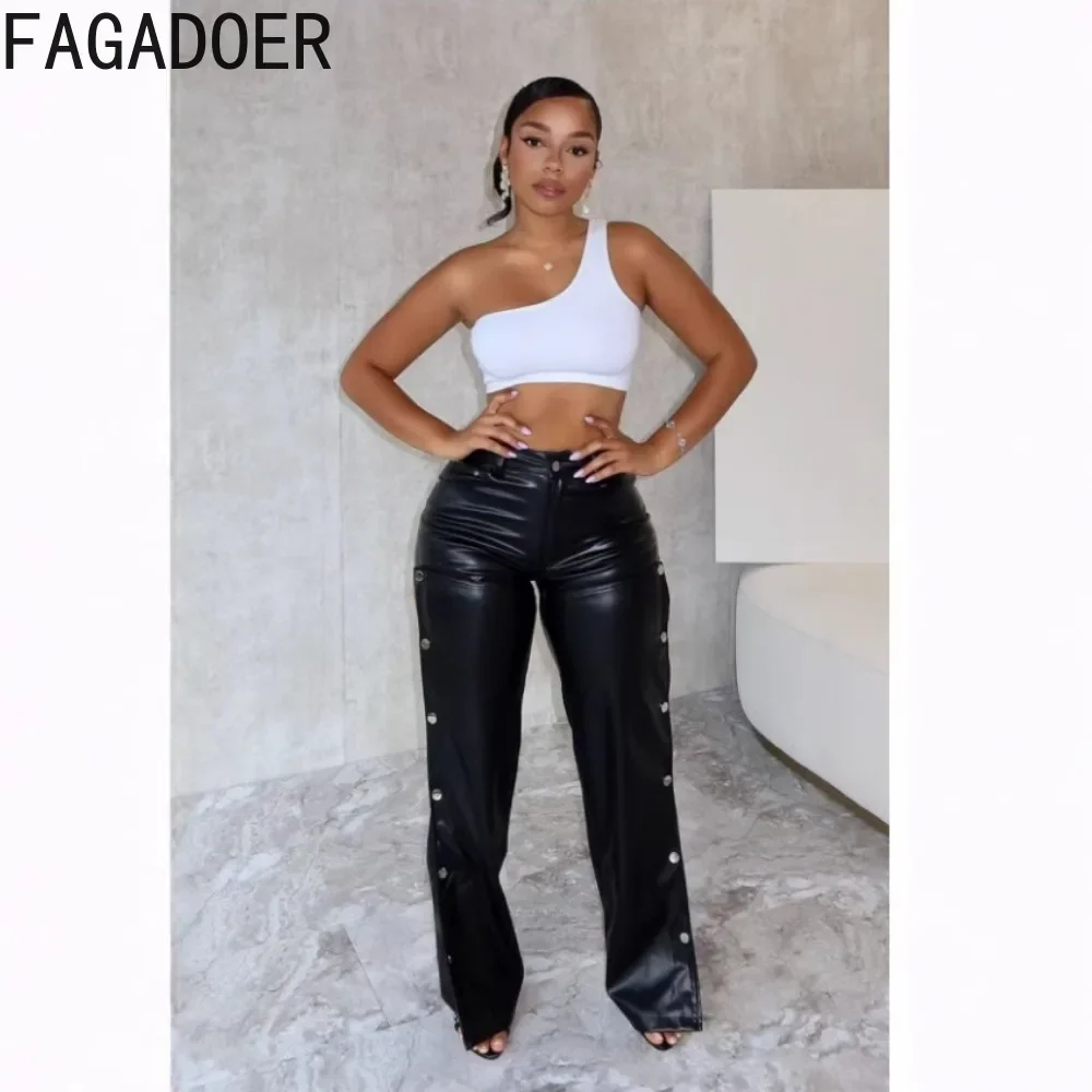 FAGADOER Leather Straight Pants For Women Y2k Streetwear Black Hollow Out Buttons Patchwork Pants Female Bottoms 2025 Spring New