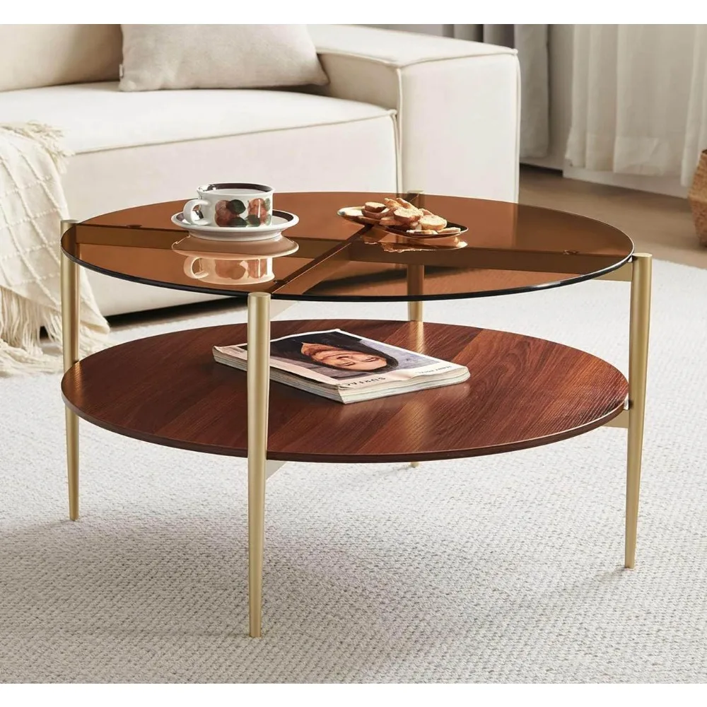 Glass Coffee Table, Mid-Century Modern, 30x17 inches, Clear Glass Top & Gold Frame