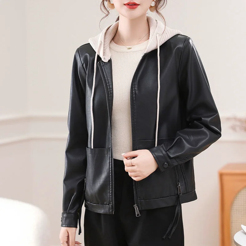 Haining Leather Jacket 2026 New Popular Fashion Spring And Autumn Leather Jacket Short Loose Outfic Detachable Hooded Jacket