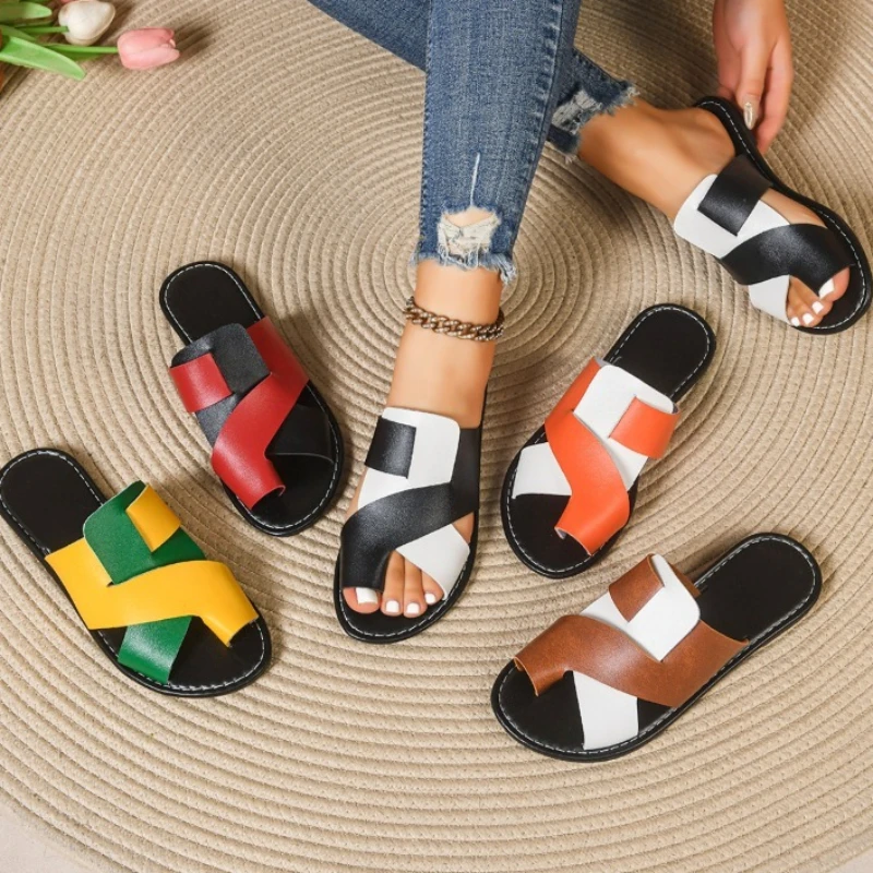Fish Mouth Toe Loop Women's Comfortable Lightweight Color Blocking Slippers Summer New Women Vintage Fashionable Casual Sandals