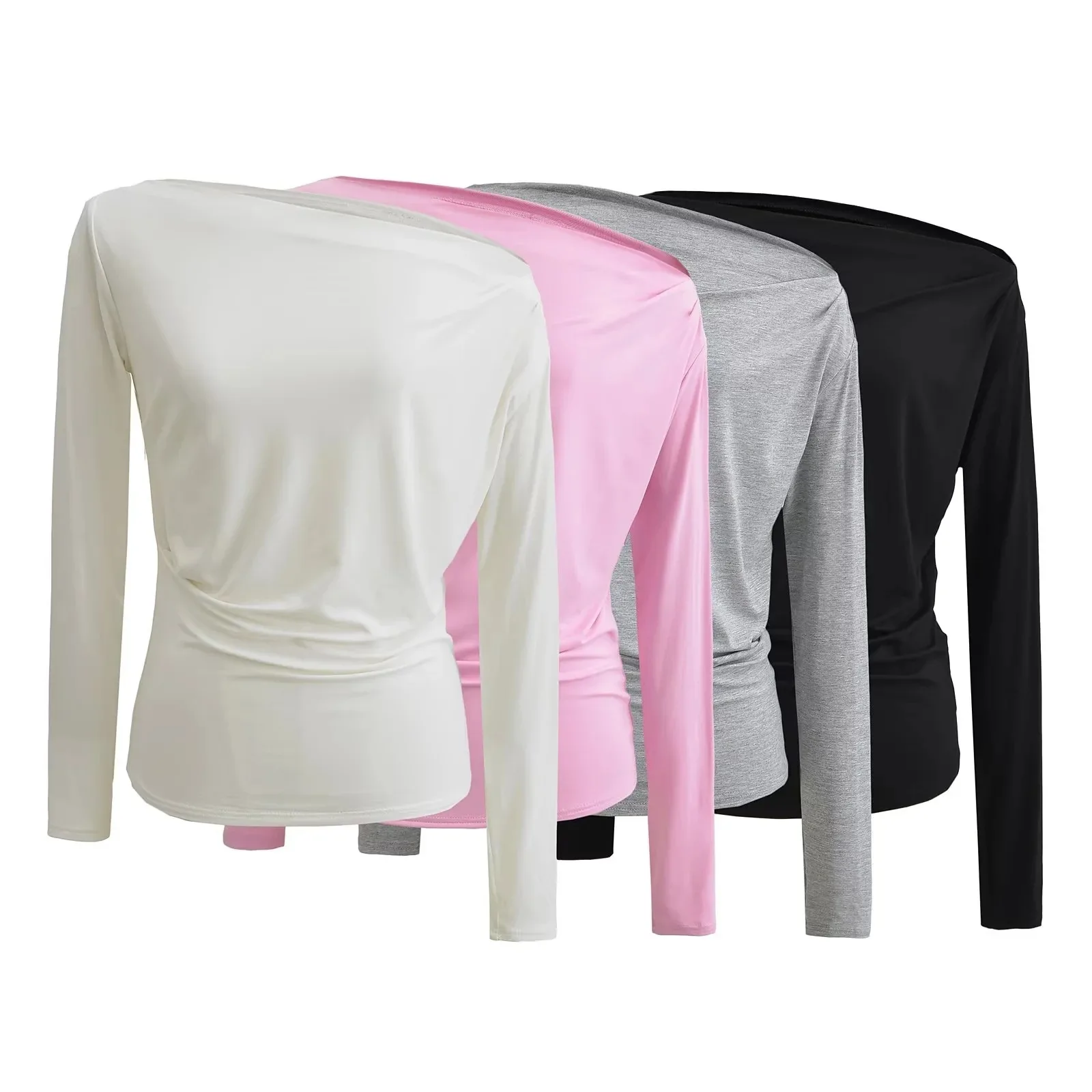 

Asymmetric Top Women Ruched Casual Blouses Woman 2025 off Shoulder Bustier Tops Woman Long Sleeve Spring Women's T Shirts