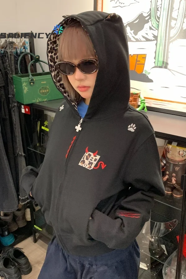 

SALIENCY American Retro Leopard Print Hoodie for Women Spring 2025 Cropped Cardigan Jacket