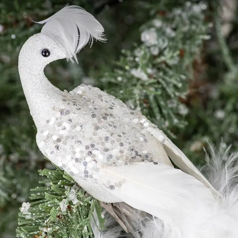 Peacocks Ornaments Bird Clip Christmas Tree Hanging Decoration with Long Tail