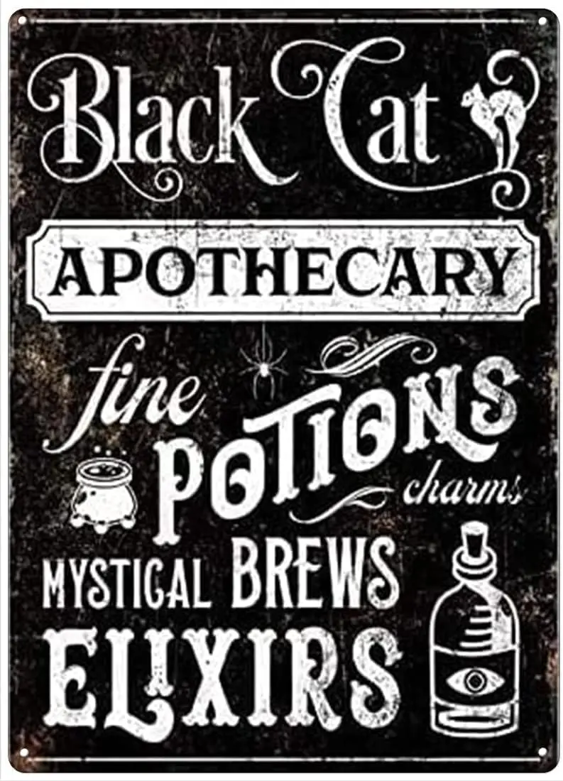 Tin Sign Vintage Wall Poster Retro Metal Black Cat Apothecary Fine Potions & Elixirs Holiday Wall Poster Plaque for Home Kit