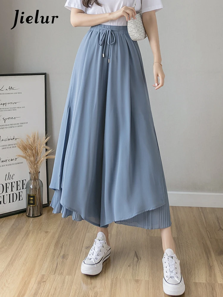 Jielur Women Korean Fashion Casual Drape Elegant Loose Trousers Clothes Chiffon High Waist Wide Leg Pants Pantalones De Mujer