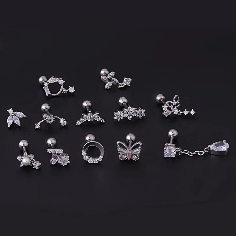 New Design 16G Stainless Steel CZ Dangle Cartilage Piercing Conch Tragus Helix Snug Screw Back Earring Stud Ear Jewelry