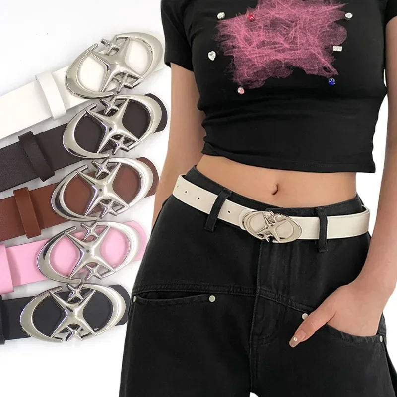 Punk Moon Star Buckle Belts Women Design Cross Metal Vintage Gothic Y2K Belt Pu Leather Waistband Jeans Pants Decorative Belt