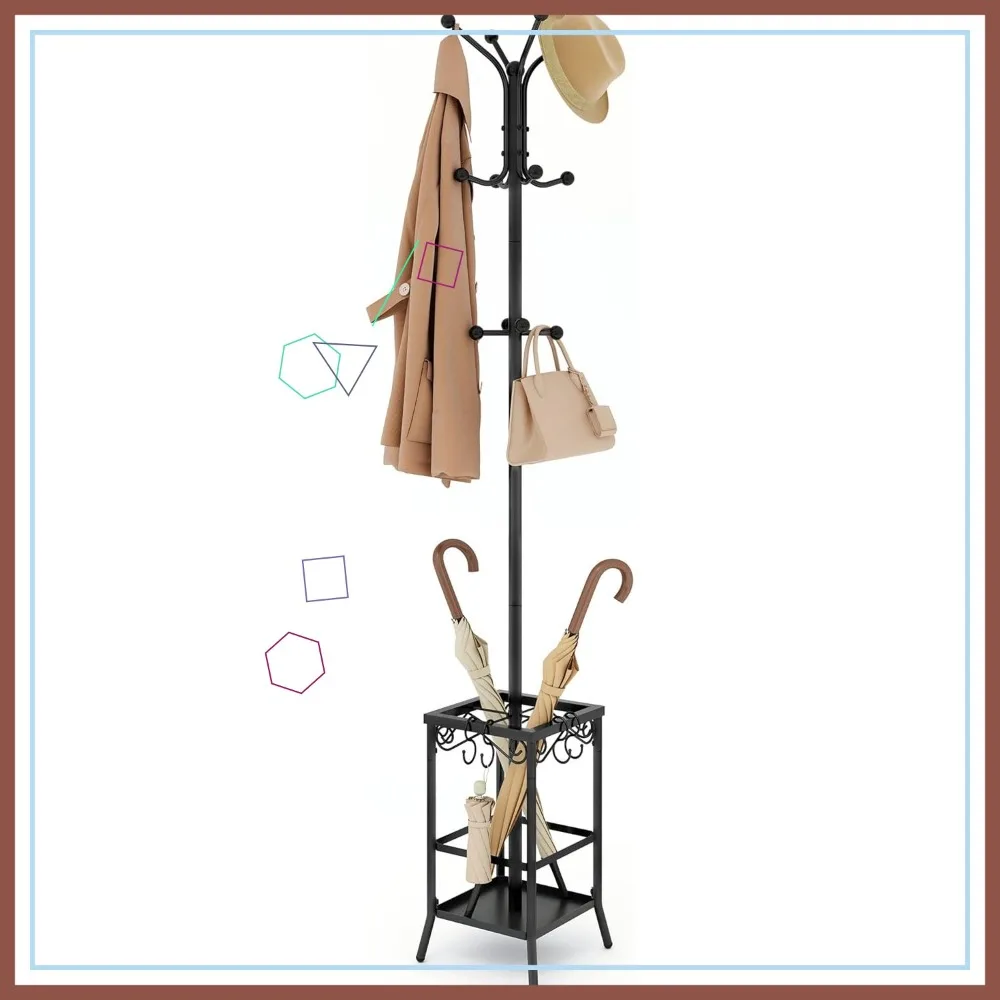 

Freestanding Coat Rack with Umbrella Holder, 12 Hooks Metal Stand for Entryway and Home Office in Black