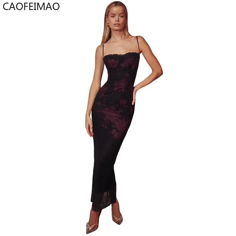 Плаissoе. 2025 Abito da ballo maxi con stampa floreale Abiti da sera sexy per celebrità in rete Abiti da donna estivi aderenti con cinturino per spaghetti