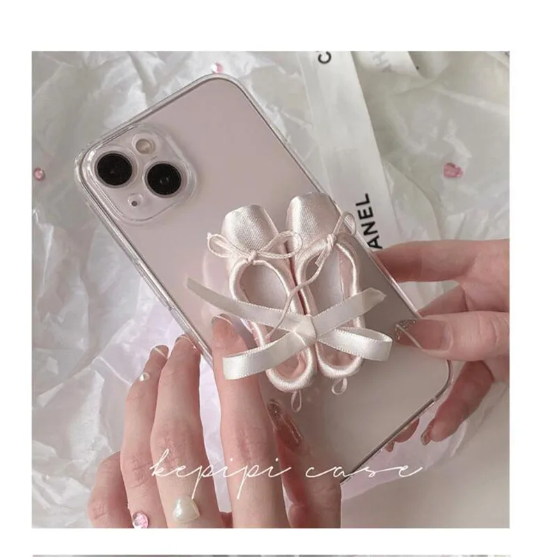 3D corea Ballet Shoes Ring Holder Stand custodia morbida trasparente per iphone 15 13 12 11 14 Pro MiNi XR X 6 7 8 Plus SE Cover