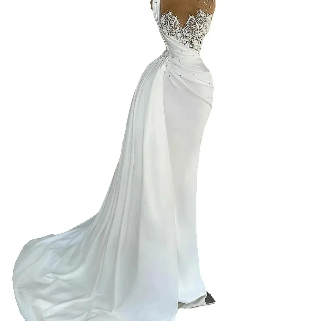

Customized Stunning Heavy Pearls High Neck Saudi Arabia Dubai Turkey Mermaid Wedding Dress Satin Applique Beaded Bridal Gowns